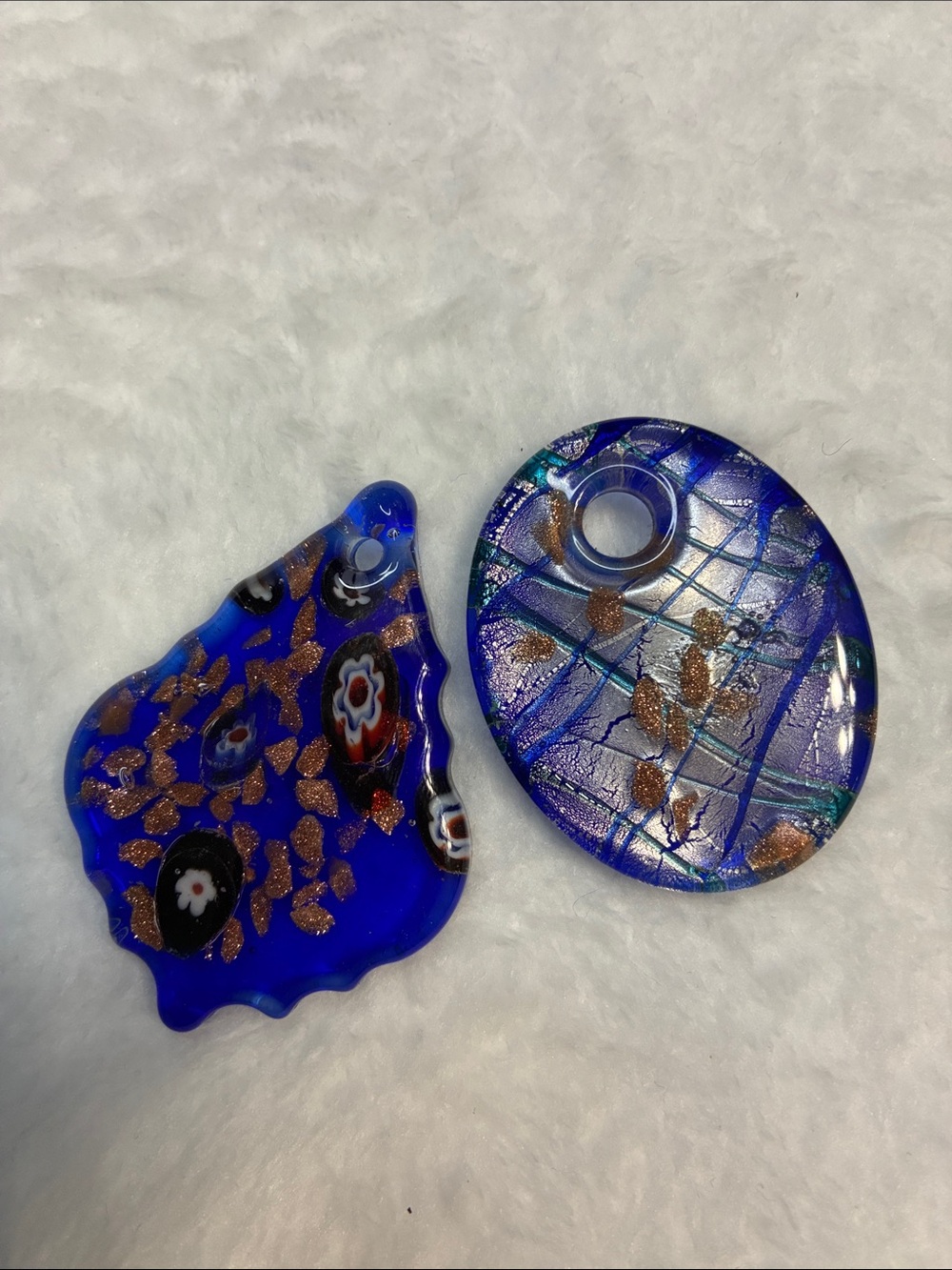 Lot of 2 VTG Blue Murano Style Art Glass Pendant Necklace Charms w/ Gold Accents